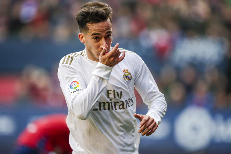 , SPAIN - FEBRUARY 9: Lucas Vazquez of Real Madrid celebrates goal 1-3 during the La Liga Santander  match between Osasuna v Real Madrid on February 9, 2020 (Photo by David S. Bustamante/Soccrates/Getty Images)