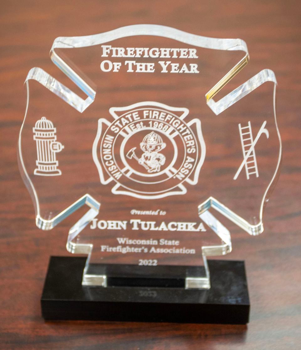 The trophy, as seen Wednesday, March 29, 2023, that Mishicot Firefighter John Tulachka received after being named 2022 Firefighter of the year by the Wisconsin State Firefighter's Association.