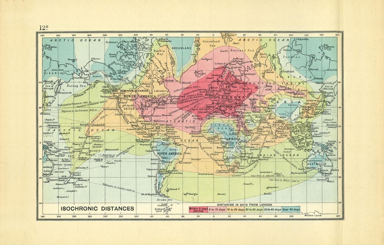 An isochronic map created by John George Bartholomew showing various travel times from London in 1914 (see below for a full-size version)