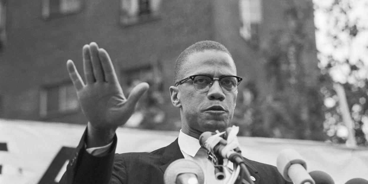 Malcolm X speaks at a rally in Harlem, New York in 1963.