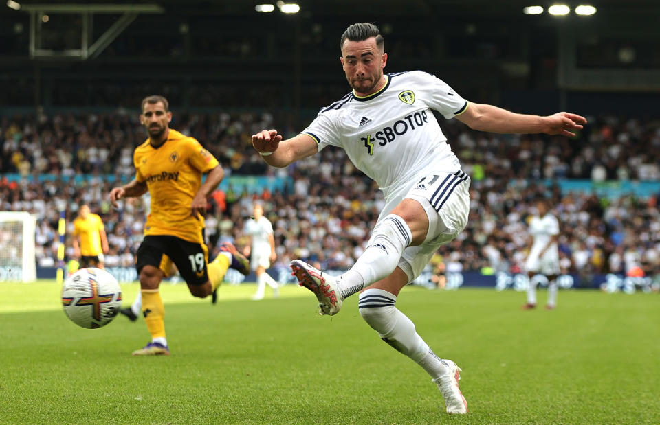 LEEDS, ENGLAND - AUGUST 06:  Jack Harrison of Leeds United takes a shot at goal during the Premier League match between Leeds United and Wolverhampton Wanderers at Elland Road on August 06, 2022 in Leeds, England. (Photo by David Rogers/Getty Images)