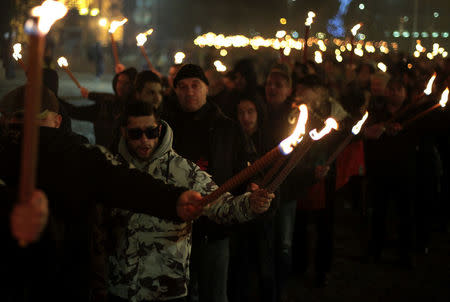 Members and supporters of several nationalist organizations take part in a march in commemoration of Bulgarian General Hristo Lukov in Sofia, Bulgaria, February 17, 2018. REUTERS/Dimitar Kyosemarliev