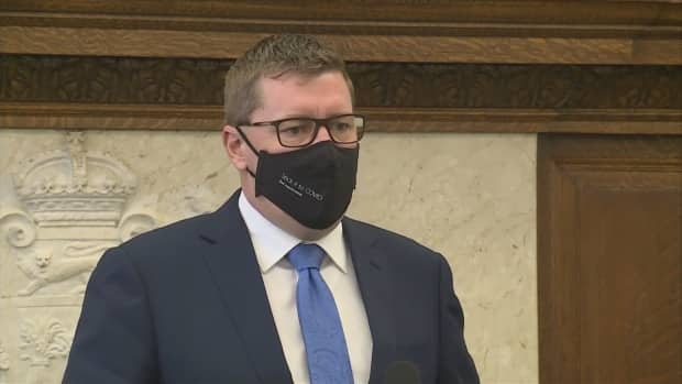 Saskatchewan Premier Scott Moe takes questions from the media at the legislative assembly on Tuesday, April 6, 2021. (CTV - image credit)