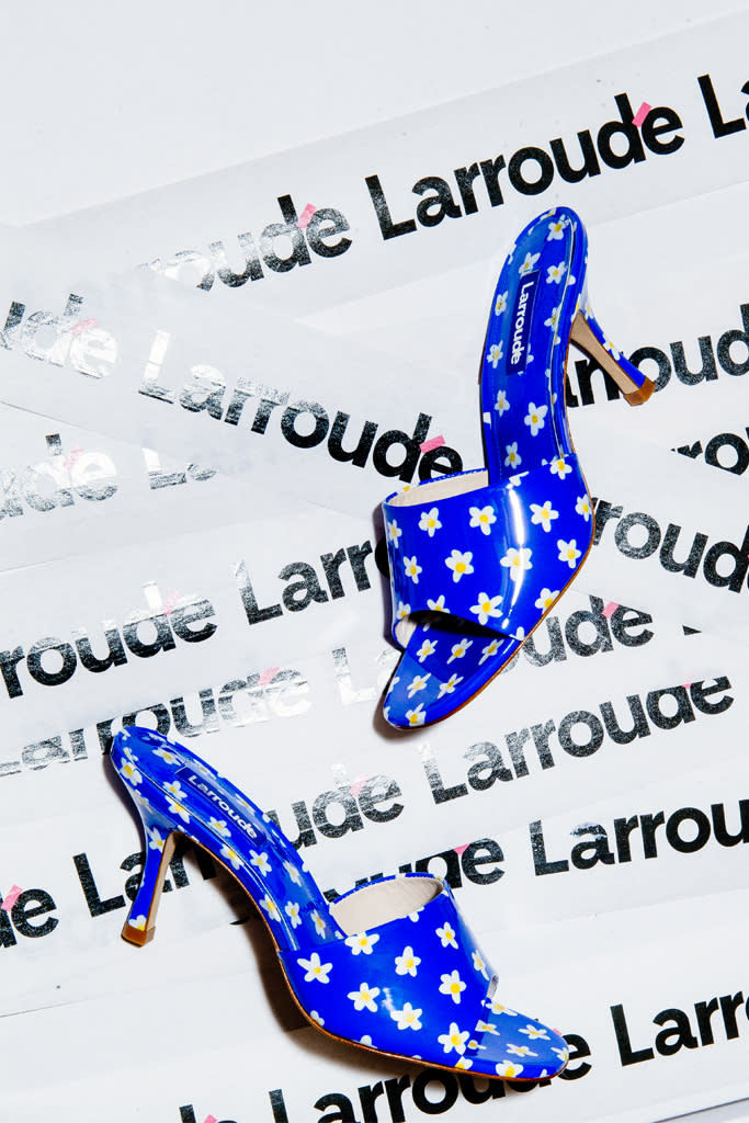 Larroude’s Colette mule in a blue floral patent. - Credit: Courtesy of brand