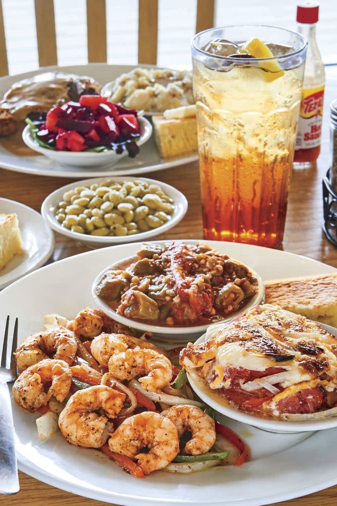 Fresh shrimp and sides at Tomato Shed Cafe.