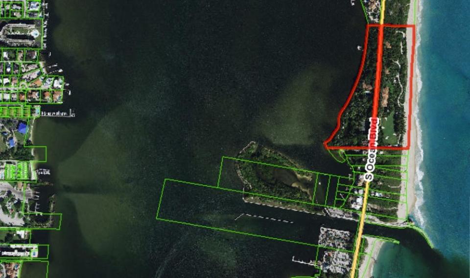 The ocean-to-lake estate that was just sold for a record-setting $173 million in Manalapan near Palm Beach is outlined in red at the upper right of this aerial photo.