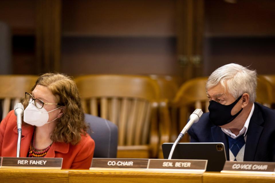 Co-chairs Representative Julie Fahey, D-Eugene, and Senator Lee Beyer, D-Springfield, listen during the joint committee work session on SB 891of the second special session at the Oregon State Capitol Building in Salem on Monday.