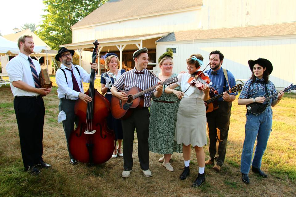 Actors, from left to right, Evan Stechauner, Billy Butler, Linette Miles, Stephen Blauch, Emily Zentis, Jules Good, Jacob Zentis and Fury Sheron try on costumes during a rehearsal of "Smoke on the Mountain," which will open Friday, July 29 at Hackmatack Playhouse in Berwick.