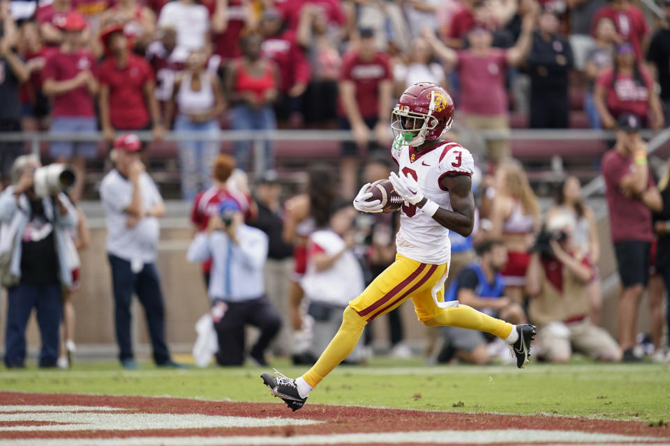 Southern California wide receiver Jordan Addison scores on a 22-yard touchdown reception against Stanford during the first half of an NCAA college football game in Stanford, Calif., Saturday, Sept. 10, 2022. (AP Photo/Godofredo A. Vásquez)