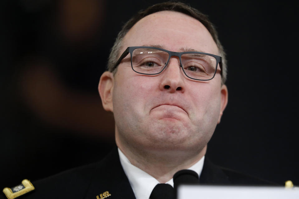 National Security Council aide Lt. Col. Alexander Vindman testifies before the House Intelligence Committee on Capitol Hill in Washington, Tuesday, Nov. 19, 2019, during a public impeachment hearing of President Donald Trump's efforts to tie U.S. aid for Ukraine to investigations of his political opponents. (AP Photo/Andrew Harnik)