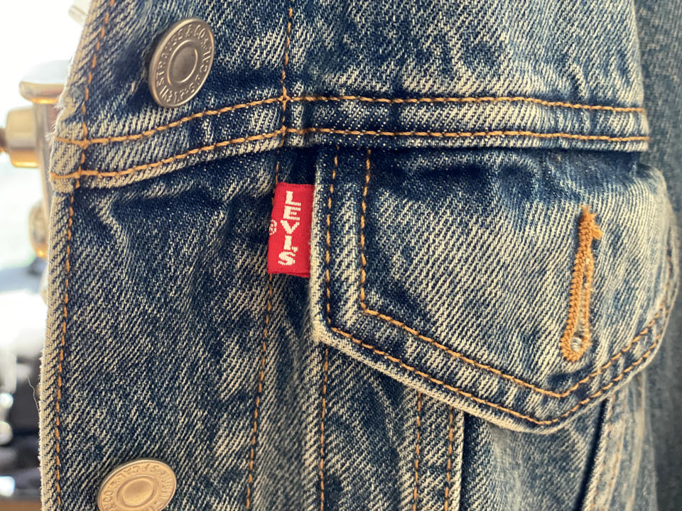 red tab on levi's denim jeans jacket