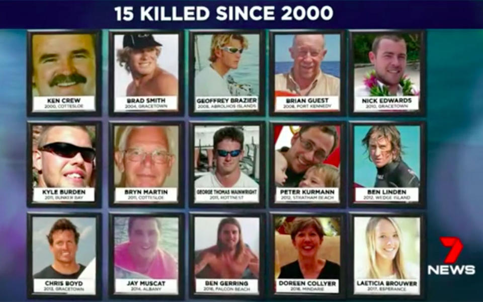 Since 2000 there have been 15 fatal attacks on swimmers, divers and surfers up and down the WA coast. Source: 7 News