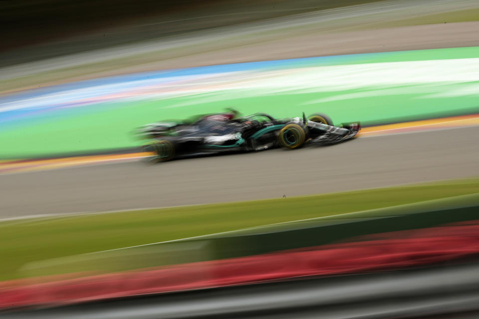 Mercedes driver Lewis Hamilton of Britain steers his car during the qualifying session for the Formula One Grand Prix at the Spa-Francorchamps racetrack in Spa, Belgium Saturday, Aug. 29, 2020. (Francisco Seco/Pool via AP)