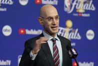 FILE -NBA Commissioner Adam Silver speaks at a news conference before Game 1 of basketball's NBA Finals between the Golden State Warriors and the Boston Celtics in San Francisco, Thursday, June 2, 2022. NBA Commissioner Adam Silver wants an apology and Kyrie Irving still isnt going to give one. Shortly after the NBA Commissioner said Irving made a reckless decision by tweeting out a link to a film containing antisemitic material last week, the Brooklyn Nets guard again stopped short of saying he was sorry for doing so. (AP Photo/Jeff Chiu, File)
