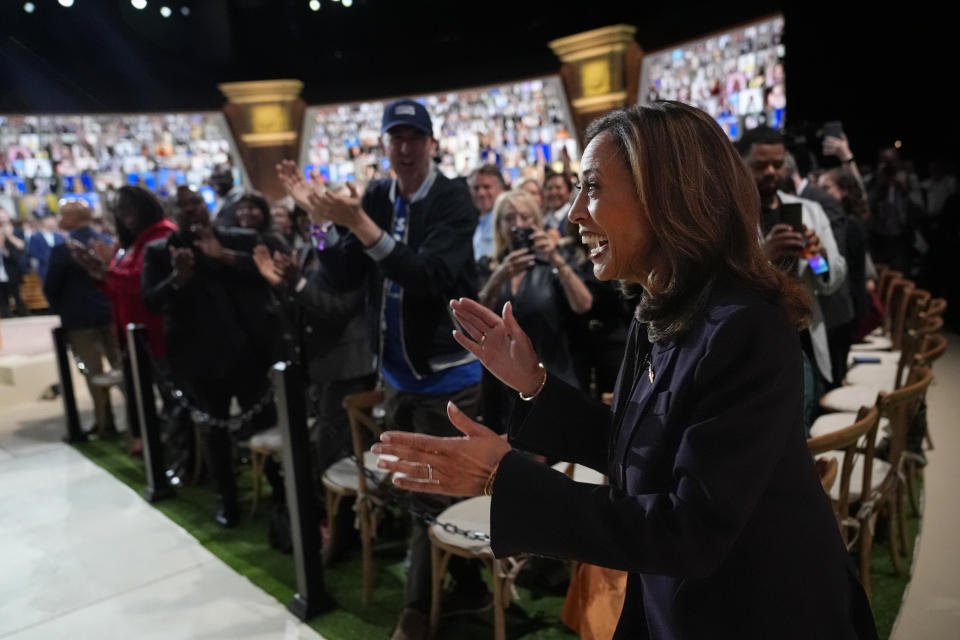 Democratic presidential nominee Vice President Kamala Harris joins Oprah Winfrey at Oprah's Unite for America Live Streaming event Thursday, Sept. 19, 2024 in Farmington Hills, Mich. (AP Photo/Paul Sancya)