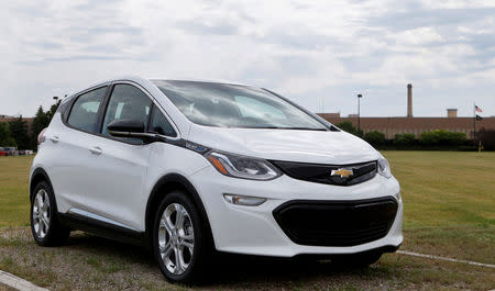 FILE PHOTO: A 2017 Chevrolet Bolt EV is displayed outside the General Motors Orion Assembly plant in Orion Township, Michigan, U.S., June 13, 2017. REUTERS/Rebecca Cook/File Photo