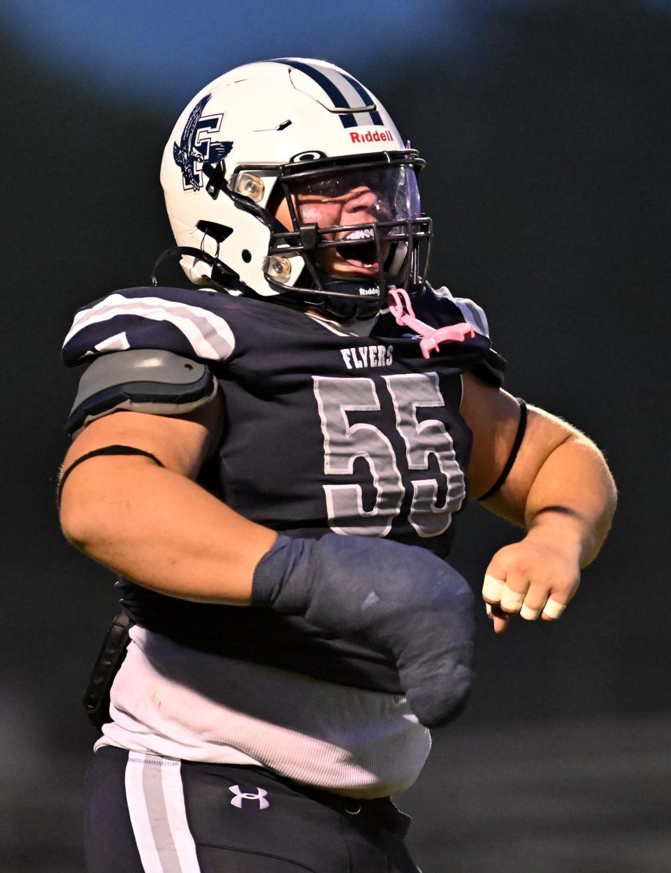 Framingham senior captain Angel Colon celebrates after blocking a punt during the football season opener versus E. Longmeadow played in Framingham, Friday, Sept. 8, 2023. Framingham defeated E. Longmeadow, 35-7.