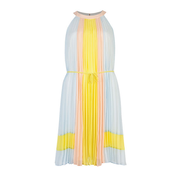 <a href="http://www.tedbaker.com/women%27s/women%27s_clothing/dresses/103488-colour_block_dress/detail.aspx" rel="nofollow noopener" target="_blank" data-ylk="slk:Colour block dress - £129 - Ted Baker;elm:context_link;itc:0;sec:content-canvas" class="link "><b>Colour block dress - £129 - Ted Baker</b></a><br><br>Work two spring trends in one - pleats and colour-blocking - this Valentine's Day.