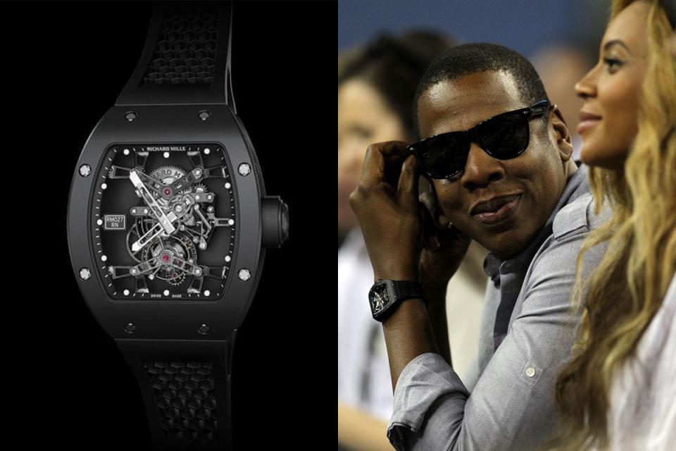 close up of watch next to image of Jay Z and beyonce at the US Open