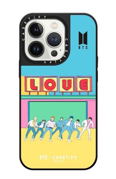 phone case that reads "love" with boy band graphic dancing