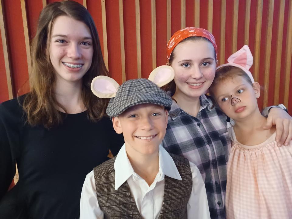 From left to right are members of the cast of Bright Life Players spring show, Charlotte’s Web, Nicole Geiser (Charlotte), Gavin Geiser (Templeton), Elise Falb (Fern) and Layla Anderson (Wilbur).