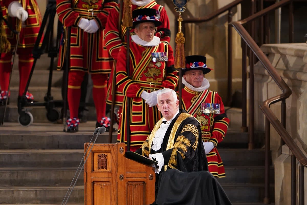 Speaker of the House of Commons Sir Lindsay Hoyle expresses condolences on behalf of members of the House of Commons to King Charles III and the Queen Consort at Westminster Hall, London (Joe Giddens/PA) (PA Wire)