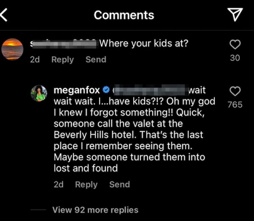 Megan Fox responds to mom-shaming comment about the whereabouts of her children (Instagram)