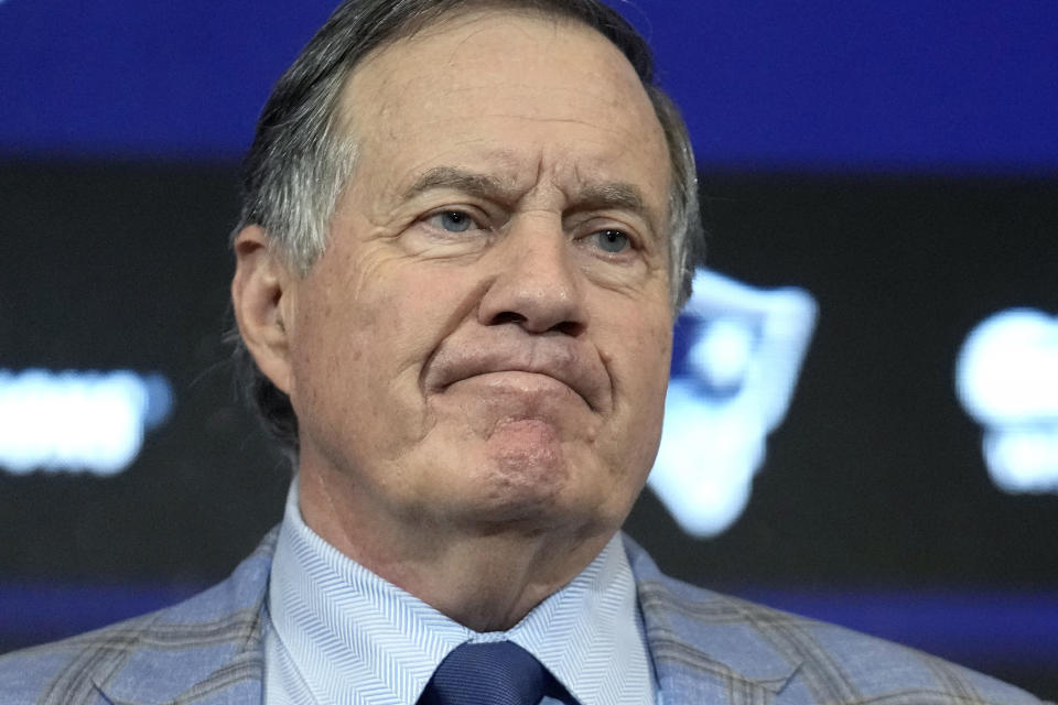 Former New England Patriots head coach Bill Belichick faces reporters during a news conference, Thursday, Jan. 11, 2024, in Foxborough, Mass., held to announce that he has agreed to part ways with the team. (AP Photo/Steven Senne)