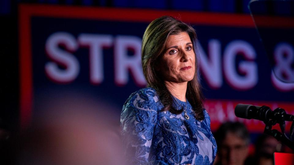 PHOTO: Republican presidential candidate, former U.N. Ambassador Nikki Haley delivers remarks at her primary-night rally at the Grappone Conference Center, on Jan. 23, 2024, in Concord, New Hampshire.  (Brandon Bell/Getty Images)