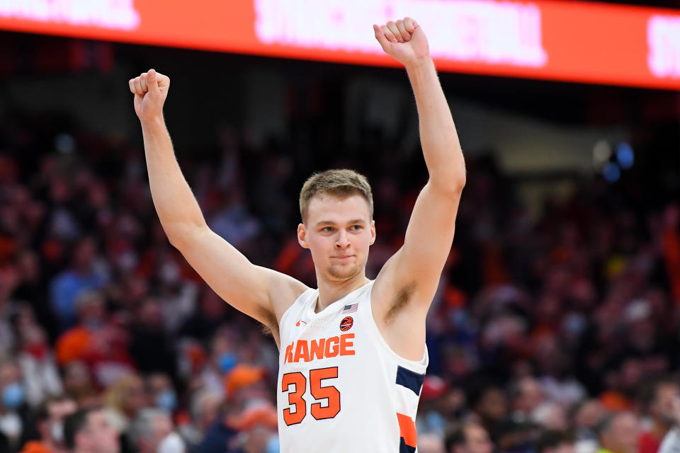 Nov 30, 2021; Syracuse, New York, Syracuse Orange guard Buddy Boeheim reacts following the game against the Indiana Hoosiers at the Carrier Dome. Credit: Rich Barnes-USA TODAY Sports