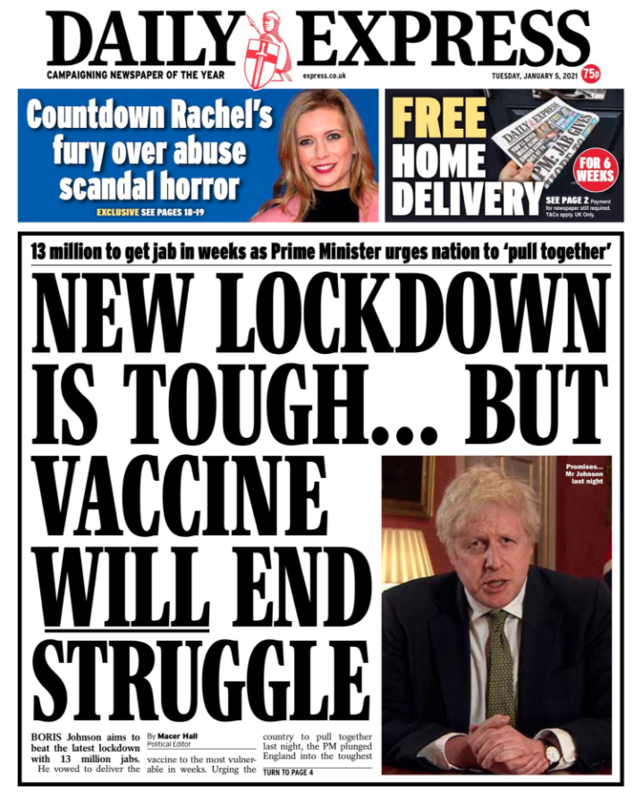 The Daily Express focuses on the hope provided by the COVID-19 vaccine.