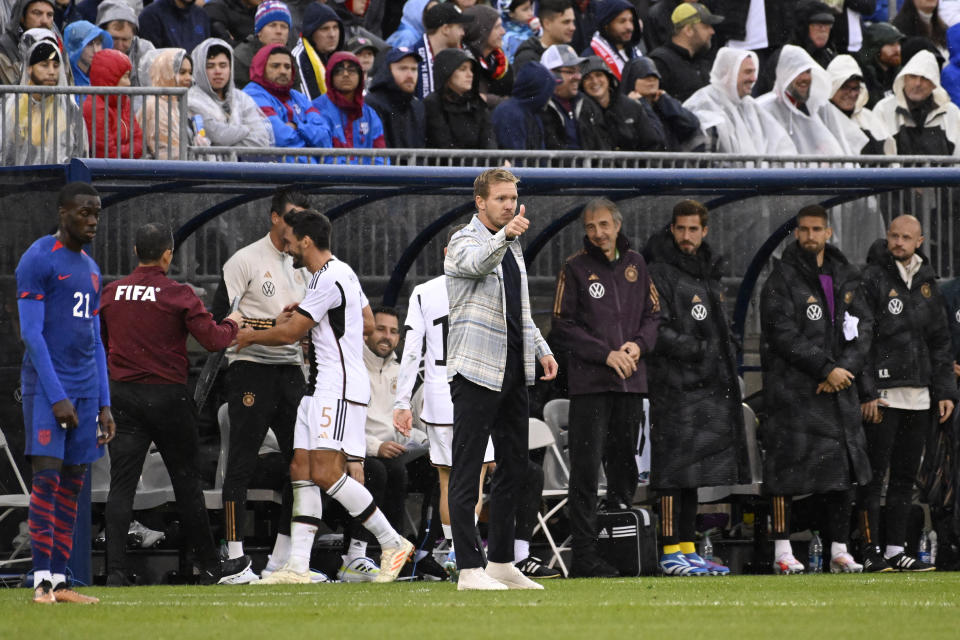 Germany head coach Julian Nagelsmann gives a thumbs up after his team scored a goal during an international friendly soccer match against the United States at Pratt & Whitney Stadium at Rentschler Field, Saturday, Oct. 14, 2023, in East Hartford, Conn. (AP Photo/Jessica Hill)