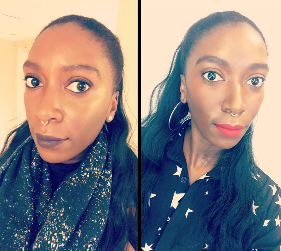 Testing Pat McGrath LiquiLUST007 in Nightshade and Revelation Red. (Photos: Dana Oliver for Yahoo Lifestyle)