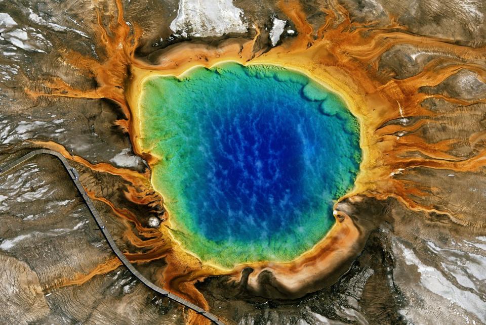 <p>An aerial view of Grand Prismatic Spring in Yellowstone National Park, Wyoming, USA.</p>