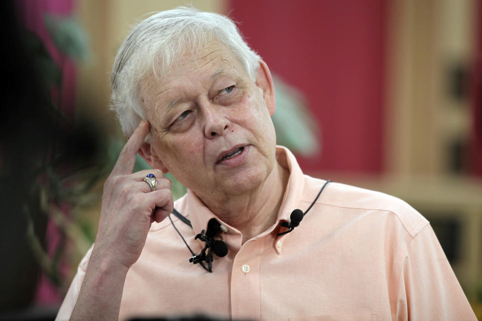 Editor and Publisher Eric Meyer considers a question from reporters about the aftermath of a local police raid on his newspaper's offices and his home, Wednesday, Aug. 16, 2023, in Marion, Kan. Meyer said the newspaper will not change its coverage of the community because of the raids. (AP Photo/John Hanna)