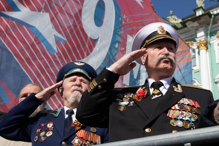 Veterans salute during a military parade to mark the 78th anniversary of the Soviet Union&#39;s victory in the Great Patriotic War in St. Petersburg, Russia, on May 9, 2023. St. Petersburg, the second largest city in Russia, held a series of events on Tuesday, including a military parade and concerts, to commemorate the 78th anniversary of the Soviet Union&#39;s victory in the Great Patriotic War.