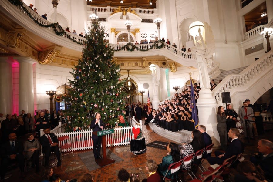 Governor Josh Shapiro, Lieutenant Governor Austin Davis, and Department of General Services Secretary Reggie McNeil kicked off the 2023 holiday season at the Capitol in Harrisburg with the 2023 Annual Tree Lighting Ceremony.