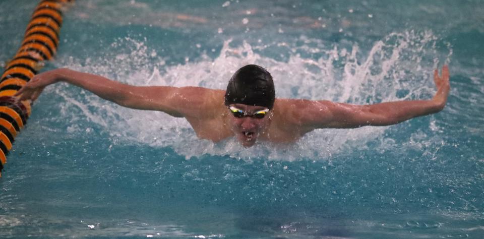 Clarkstown's Luke Dwyer won the 100-yard butterfly at the Section 1 Swimming Championships at Felix Festa Feb. 14, 2024.