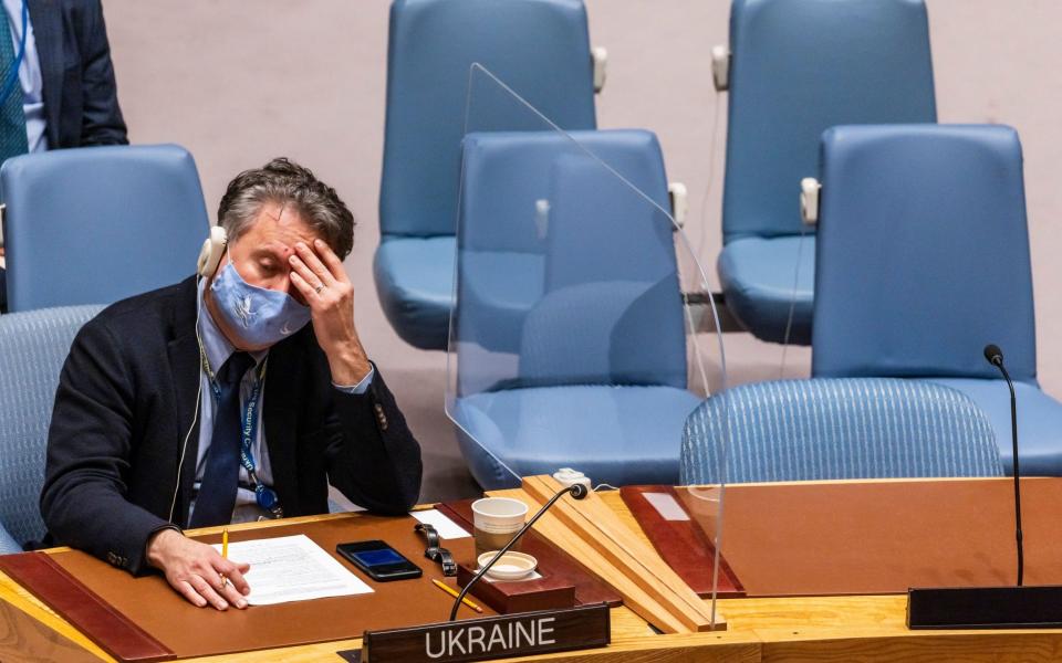 Ukrainian Ambassador to the United Nations Sergiy Kyslytsya listening during a United Nations Security Council meeting where members voted on a resolution intended to condemn Russia's invasion of Ukraine - Shutterstock