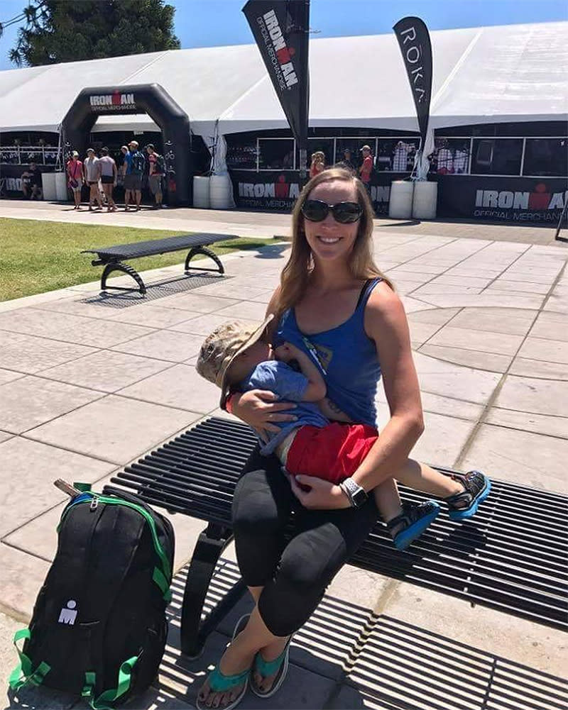 Katrina Bolduc poses with her son Grayson at Ironman Village the day before she completed Ironman Santa Rosa, in California. (Photo: TheBadassBreastfeeder/Facebook)