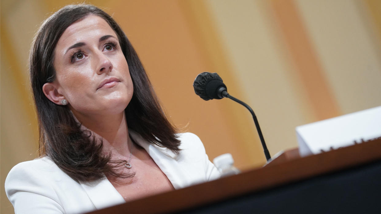 Cassidy Hutchinson, an aide to then White House chief of staff Mark Meadows, arrives for a House Select Committee hearing to Investigate the January 6th Attack on the US Capitol, in the Cannon House Office Building on Capitol Hill in Washington, DC on June 28, 2022. (Stefani Reynolds /AFP via Getty Images)