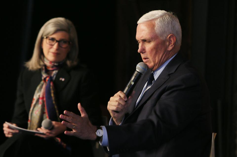 Former Vice President Mike Pence speaks Saturday, March 18, 2023 during a panel discussion with U.S. Sen. Joni Ernst, R-Iowa, about America’s strength and leadership abroad. The event, organized by The Bastion Institute, was held at The River Center in Des Moines.