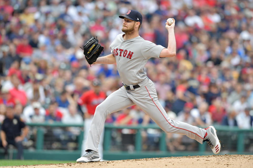 CLEVELAND, OHIO - AUGUST 13: Starting pitcher Chris Sale #41 of the Boston Red Sox pitches during the first inning against the Cleveland Indians at Progressive Field on August 13, 2019 in Cleveland, Ohio. (Photo by Jason Miller/Getty Images)