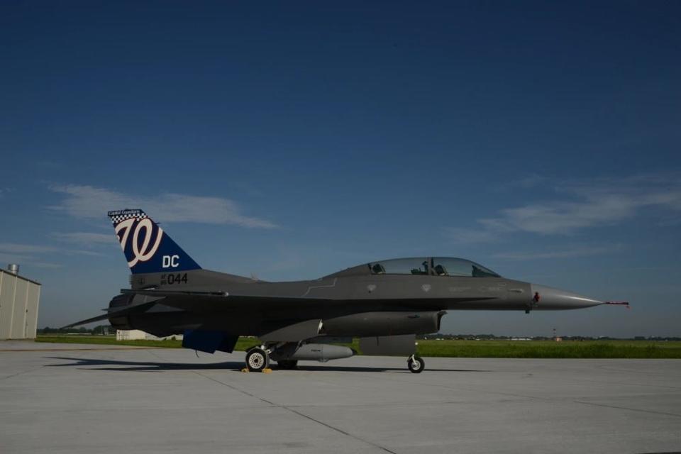 A US Air Force F-16 Falcon finished with Washington Nationals logo painted as the tail flash