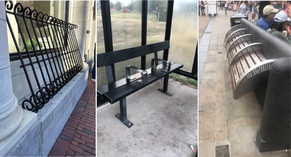 A wall with metal bars on it (left), a bus seat (middle) and a bench (right)