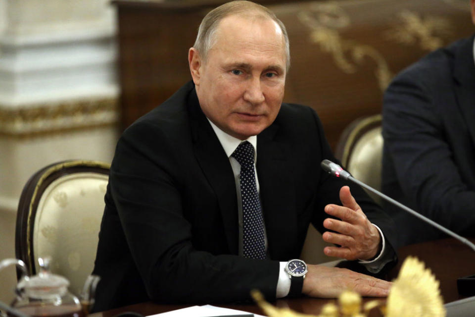 Russian President Vladimir Putin talks during his informal meeting with the 'Leaders of Russia' contest winners at the Kremlin on March 19, 2019 in Moscow, Russia.