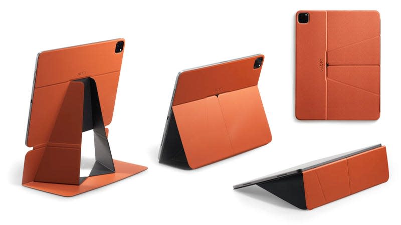 The Moft Snap Float Folio iPad case demonstrating the various ways it can be used as a stand.