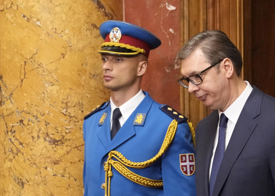 Serbia's President Aleksandar Vucic arrives at the ceremony of his inauguration for a second term at the Parliament building, in Belgrade, Serbia, Tuesday, May 31, 2022. Vucic was inaugurated Tuesday for his second term as Serbia's president, saying the Balkan country will remain on its European Union membership path and hinted that a new government might consider joining Western sanctions against ally Russia over the war in Ukraine. (AP Photo/Darko Vojinovic)