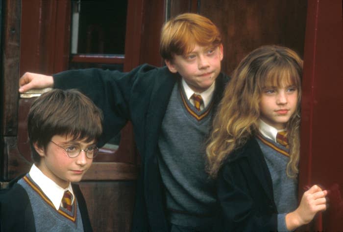 Harry, Ron and Hermione in the movie adaptation of "Harry Potter and the Sorcerer's Stone"