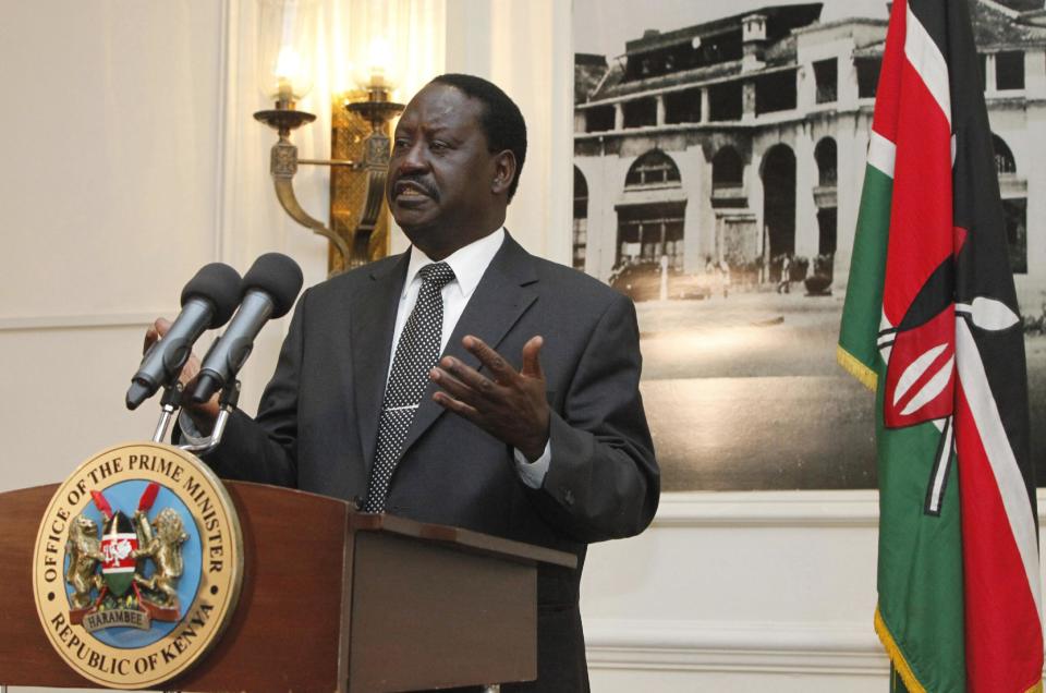 Kenyan Prime Minister, Raila Odinga, gestures as he addresses the foreign journalists in Nairobi, Kenya, Tuesday, June 12, 2012. Odinga said that Kenyan forces are preparing for a "final onslaught" on the Somali port town of Kismayo, which is controlled by al-Shabab militants, and Odinga said that they are seeking U.S. and European assistance to aid in the planned operation. (AP Photo/Sayyid Azim)